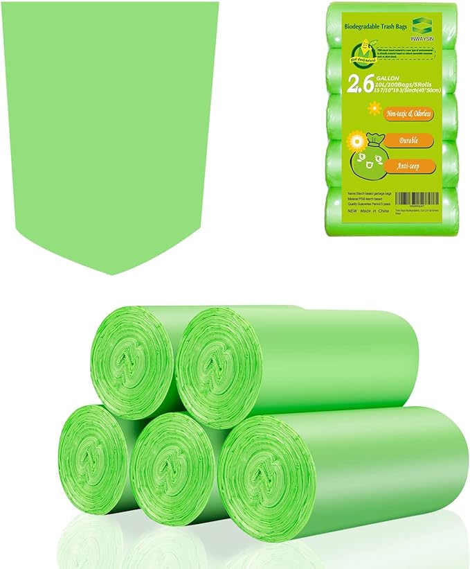 2-2.6 Gallon Trash Bags, Inwaysin Bathroom Garbage Bags, Biodegradable Small Trash Bags, Size Expanded, Clear Green, 10L, 100Bags