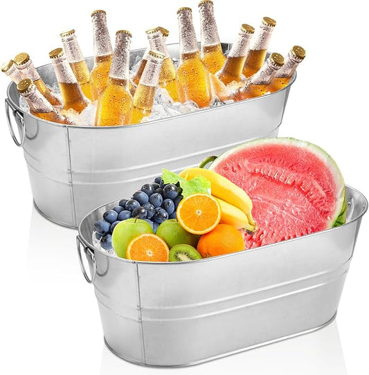 2 PCS Galvanized Bucket 4 Gallon Ice Buckets for Parties with Carry Handles Stainless Steel Beverage Tub for Parties 4 Gallon Galvanized Tub with Handles Drink Buckets for Parties Supplies