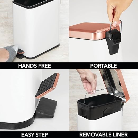 mDesign Small Modern 1.3 Gallon Rectangle Metal Lidded Step Trash Can, Compact Garbage Bin with Removable Liner Bucket and Handle for Bathroom, Kitchen, Craft Room, Office, Garage - White/Rose Gold