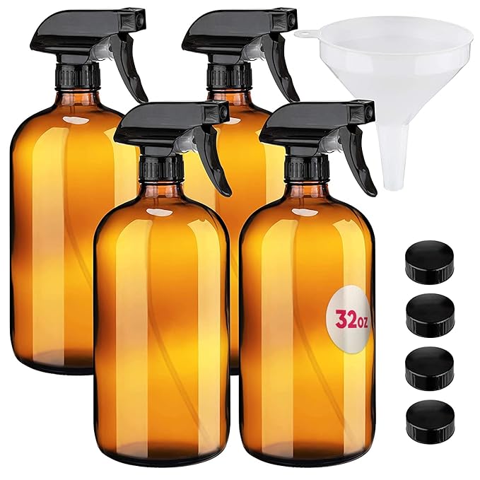 Large 32oz Amber Glass Spray Bottles with Funnel - Refillable Trigger Sprayer Containers for Oils, Cleaning Products, Plant Misting, Cooking, Hair, and Beauty. Includes 4 Bottles and 1 Funnel.