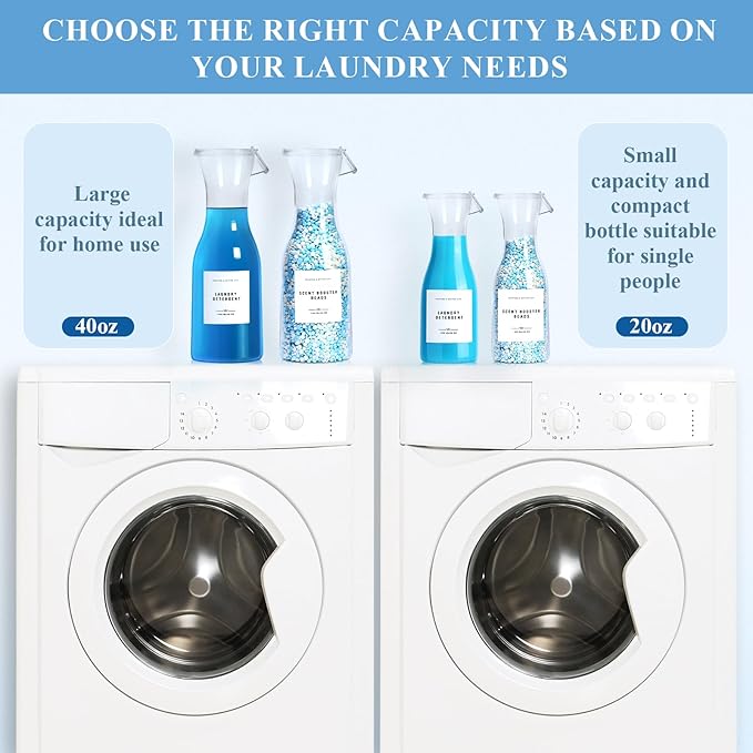 Laundry Detergent Dispenser Bottle 20oz with Waterproof Label for Laundry Detergent Soap Fabric Softener Bleach Scent Booster Beads, Sturdy PET Bottle for Laundry Room Decor 2 Pack White