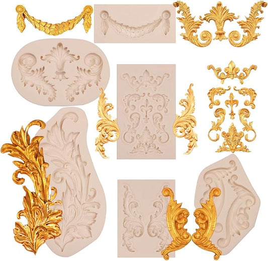 muyulin Baroque Silicone Molds Decorative Clay Mould, Fleur-de-lis Patterns 6 Pieces Scroll Feather Design for Chocolate Cake Decoration Cupcake Toppers