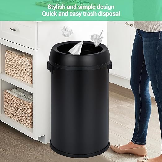 Garvee 17 Gallon/65 Liter Trash Can, Fingerprint-Proof Stainless Steel Open Top Garbage Can, Heavy Duty Commercial Round Trash Bin for Restaurant, Home, Office, Black