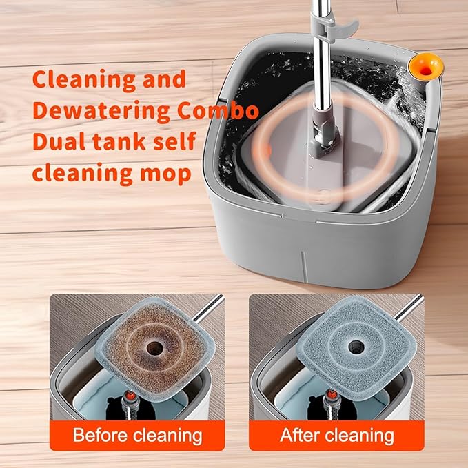 KZKR Spin Mop and Bucket Set with Self Separation Dirty and Clean Water System, Self Wringing 360° Rotating Square Mop Head for Home Floors Cleaning (1.0 Mop and Bucket Set (14 Pads))