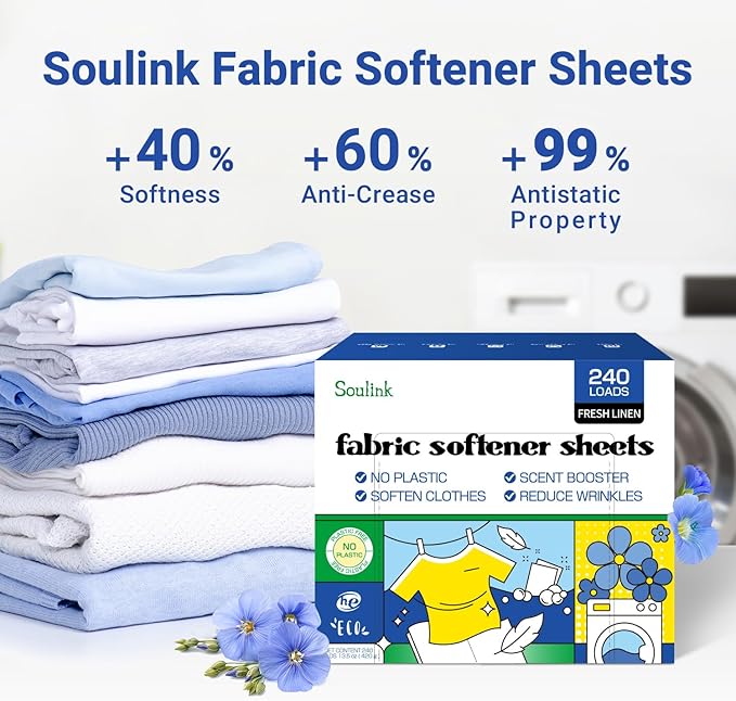 Soulink Fabric Softener Sheets for Washing Machine, No Plastic Jug Soap Strips, Alternative to Fabric Softener Liquid and Pods, Fresh Linen Scent, Up to 240 Loads