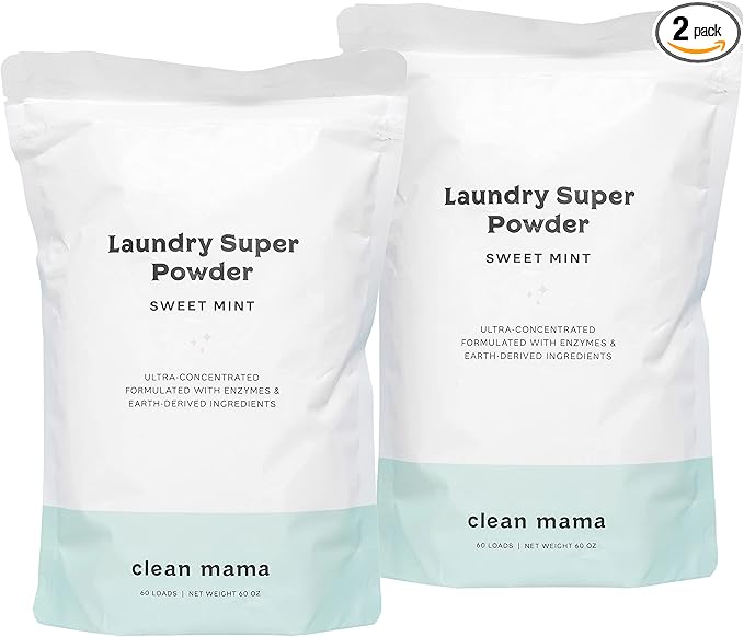 Clean Mama Laundry Super Powder Detergent - Extra Strength Laundry Detergent Powder - Natural Laundry Detergent for Sensitive Skin - Enzyme Powered, Fights Stains & Odors - Sweet Mint, 60 Loads
