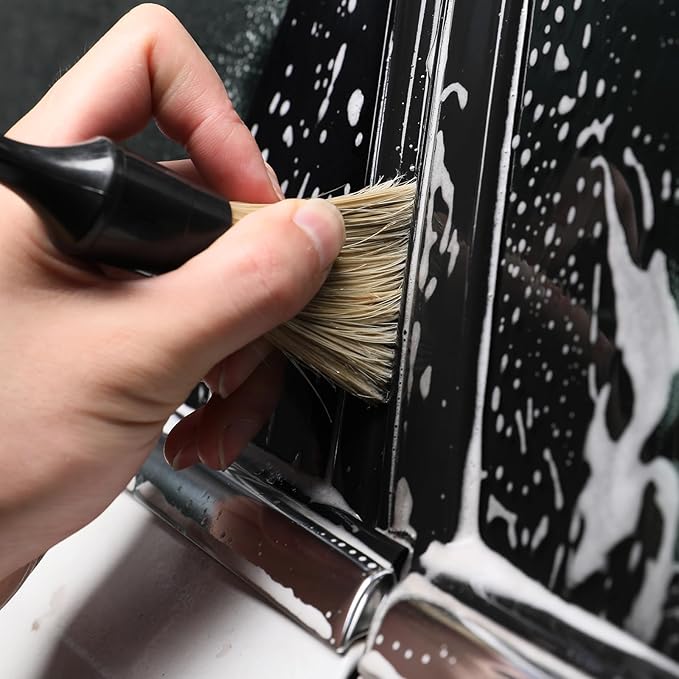 Car Detailing Brush Set, 4 PCS Soft Boars Hair Auto Interior Cleaning Detail Brushes, Perfect for Safely Cleaning Emblem Air Vent, Leather Seats, Washing Wheels, Tires, Engine Bay, Car Detailing Kit