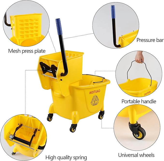 Mop Bucket with Side Press Wringer, 25 Quart Bucket on Wheels for Mopping Floors, Yellow