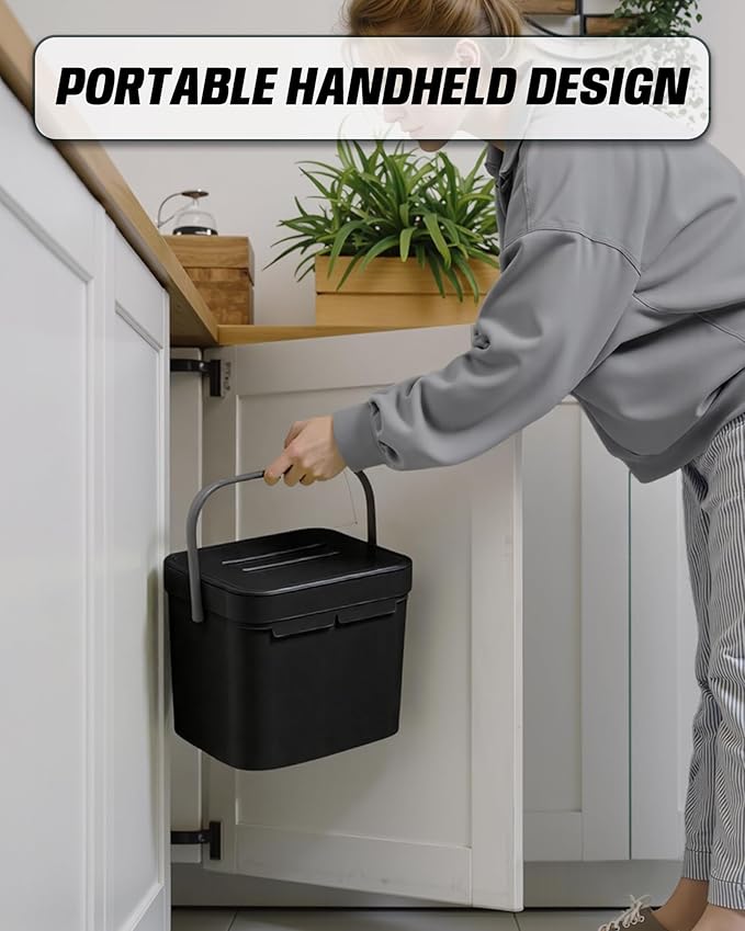 Countertop Compost Bin Kitchen, 1.8 Gallons Hanging Trash Can with Lid for Kitchen Cabinet Door, Under Sink, Wall Mounted Waste Bin for Bathroom, 7L(Black)