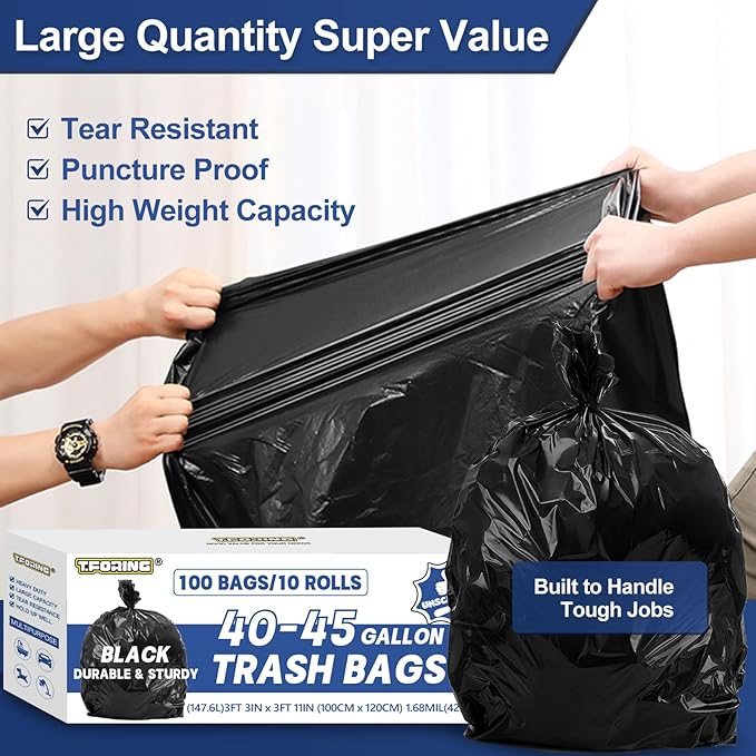 Large 40-45 Gallon Trash Bags Heavy Duty - 1.6 Mil Thick,39''x47'' Strong Black Garbage Bags Unscented 100 Count Trash Can Liners for Construction Industrial Yard Outdoor Commercial