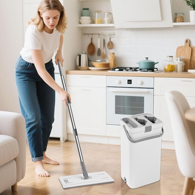 Flat Mop and Bucket with Wringer Set, Hands-Free Floor Mop and Bucket with 3 Reusable Washable Microfiber Pads and 66" Stainless Steel Handle, Wet and Dry Use for Home Floor Cleaning
