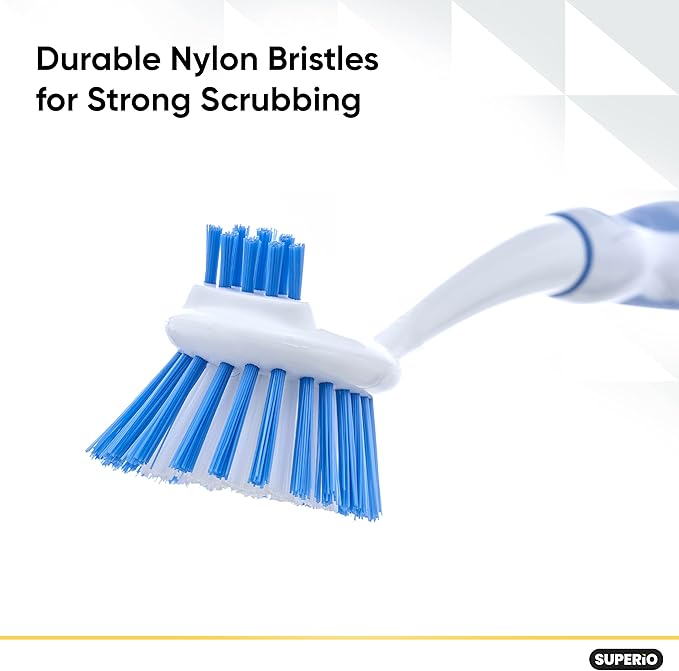Dish Washing Scrubber Vegetable Brush - Blue / White 2 Sided Bristles - Long Handle With Rubber Grip Non Scratch Kitchen and Bath Cleaning By Superio