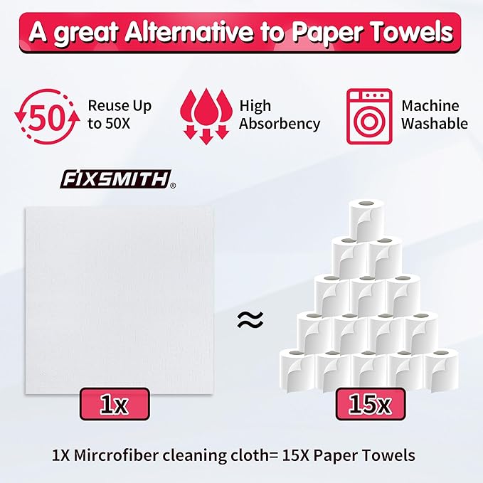 FIXSMITH White Microfiber Cleaning Cloth, Pack of 100, 11.5"X11.5" Cleaning Rags for Housekeeping and Kitchen, Reusable Shop Towels, Microfiber Towels for Cars, Lint Free, Scratch-Free