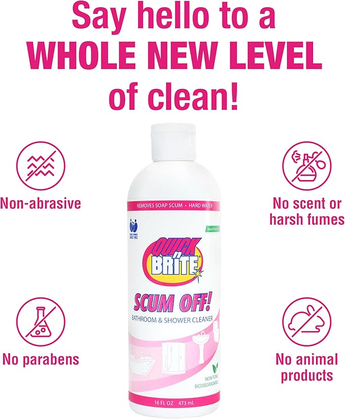 Quick ‘n Brite Scum Off Shower Cleaner - No Scrub, No Harsh Chemical Daily Shower Cleaner, Multi-Surface All-Purpose Cleaner 64 Oz (Packaging May Vary) Pack of 2