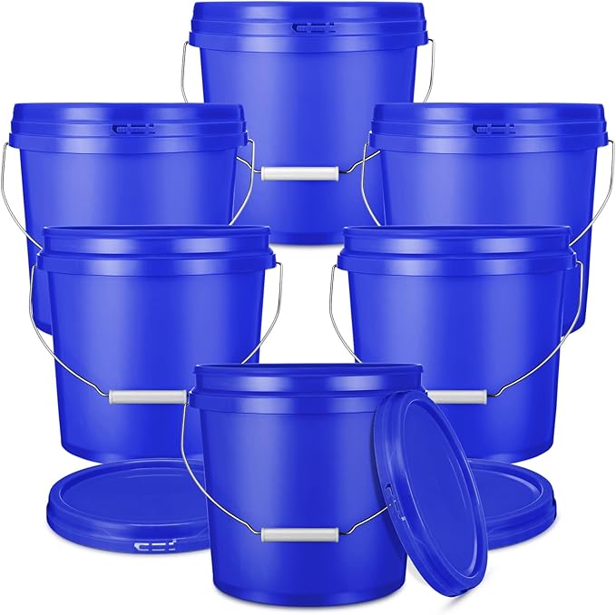 6 Pack 2 Gallon Plastic Bucket with Lid Heavy Duty Pail with Metal Handle Reusable Small Multipurpose Paint Buckets Container for Food Storage(Dark Blue)