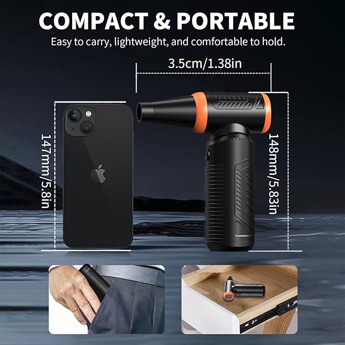 Electric Compressed Air Duster, Rechargeable Cordless Air Blower Jet Fan, Powerful 3 Gear Adjustable Portable Mini Dust Blower Dryer Cleaner for Keyboard, PC, Computer, Car, Home and Outdoor