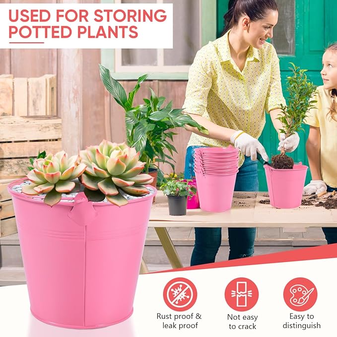 OBTANIM 7 Pack Pink Metal Buckets with Handle Galvanized Ice Pails for Plants, Succulents, Party Favors Organizing, Rustic Home Decor or Classrooms Pencil Storage (6 x 4.4 inch)