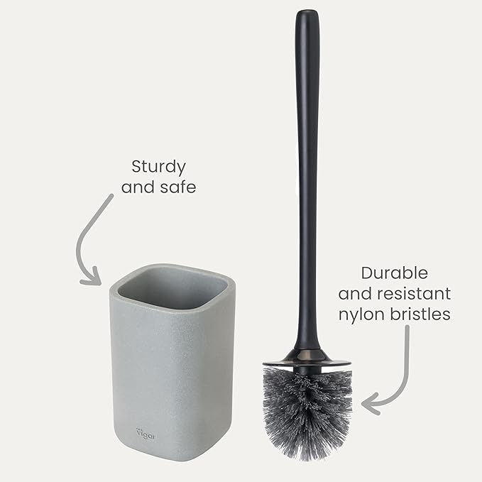 Vigar Zense Toilet Brush and Holder Set, Toilet Bowl Brush with Polyresin Stone Holder, Bathroom Sets for Bathroom Decor and Accessories, Concrete