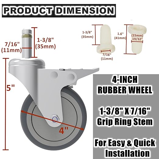 4-Inch Swivel Stem Caster, 7/16-Inch Stem Diameter Rubber Wheel, Heavy Duty TPR Replacement Wheels for Rubbermaid Mop Bucket Cart Grill Casters - 4 Pack (2 Brakes 2 Swivel)