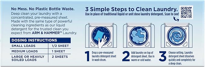 ARM & HAMMER Power Sheets Laundry Detergent, Fragrance Free, Dermatologist Tested Concentrated Laundry Detergent Sheets, 50 Count, up to 100 Small Loads