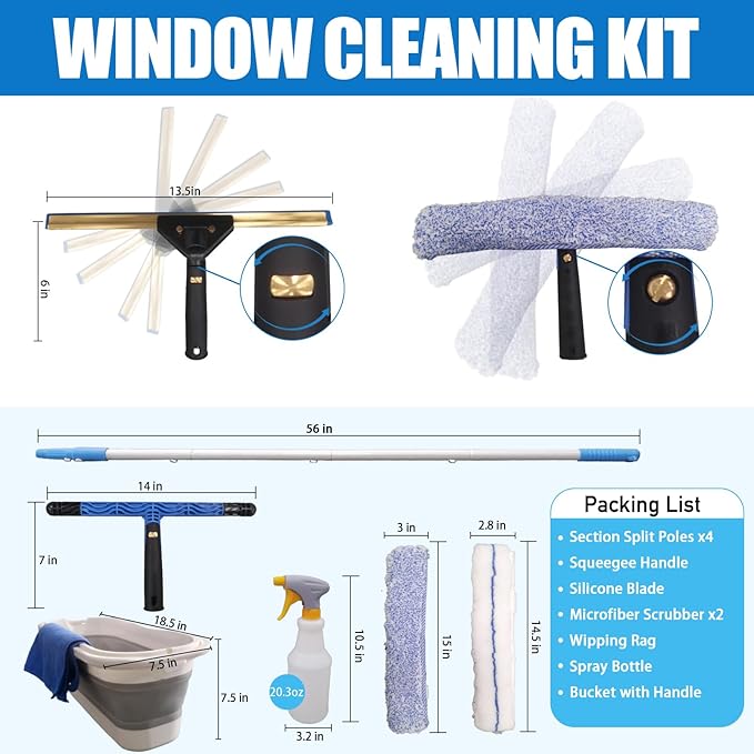 Window Cleaning Kit with Storage Bucket,Window Washing Kit with 4.5Ft Extension Pole,Scrubber,Spray Bottle,Duster Cloth,Squeegee with Rotating Head,Professional Window Cleaning Squeegee Kit