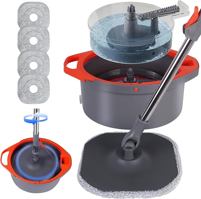 Spin Mop and Bucket Set with Separate Dirty and Clean Water,360° Spin Mop and Bucket System with Widening Foldable Handle,4 Replaceable Mop Pads,Square Mop for Floor Hardwood Tile Marble Wall Cleaning