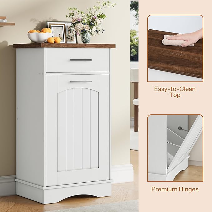 HOOBRO 10 Gallon Tilt Out Trash Cabinet, Kitchen Trash Can,Trash Bin Storage, with Flip Door and Large Drawer, Hidden Laundry Hamper Cabinet, for Kitchen, Laundry, White and Walnut WH02LJ01