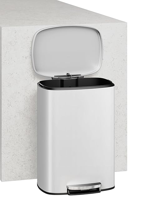 Garvee 13 Gal (50L) and 2.6 Gal (10L) Metal Trash Can Combo Set, Rustproof Garbage Can with Lid, Step-on Trash Bin with Inner Bucket, Rear Handle, White