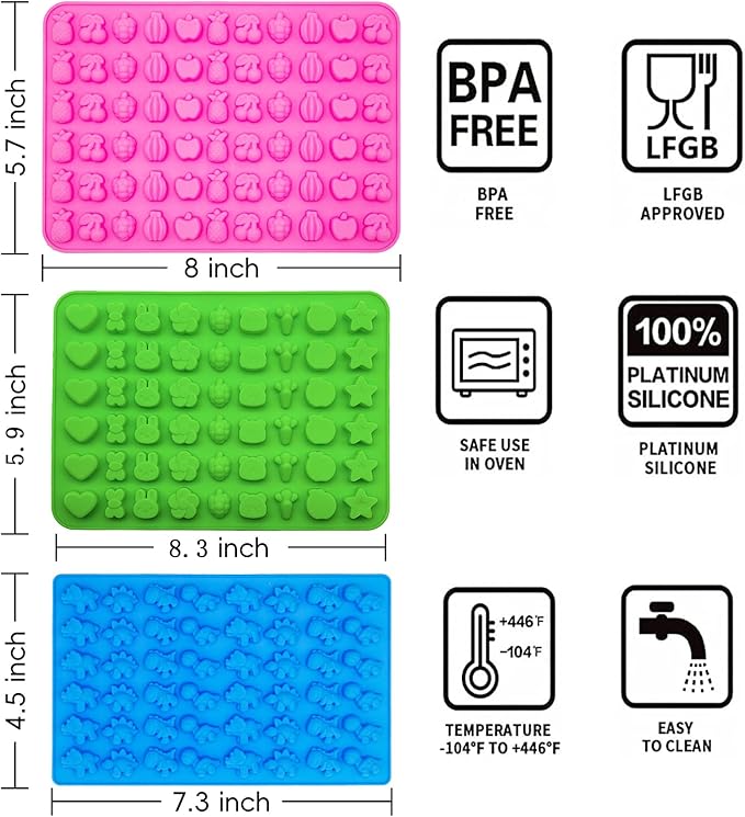 Gummy Candy Molds - Silicone Gummy Dinosaur/Marine Animal/Donut/Small Hearts Shapes/Fruit Snack Mold for Kids with 2pcs Dropper,Non-stick and Bpa Free for Mini Candy Chocolate Gummies Baking