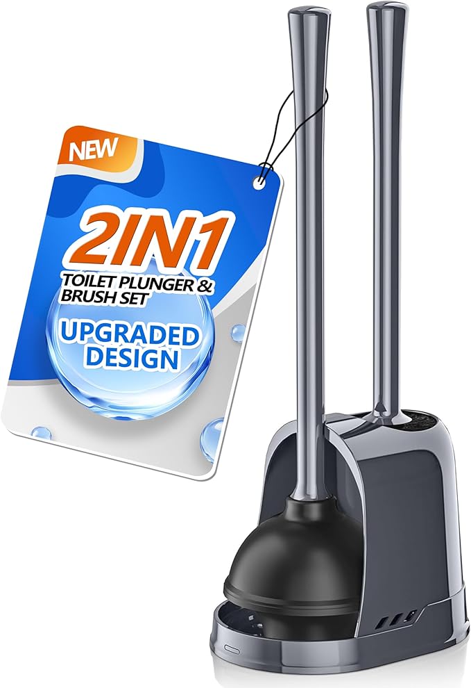 Toilet Plunger and Brush, Bowl Brush and Heavy Duty Toilet Plunger Set with Ventilated Holder, 2-in-1 Toilet Brush and Plunger Combo for 5.3-inch Toilet Drain Bathroom Cleaning (Gray, 1 Set)