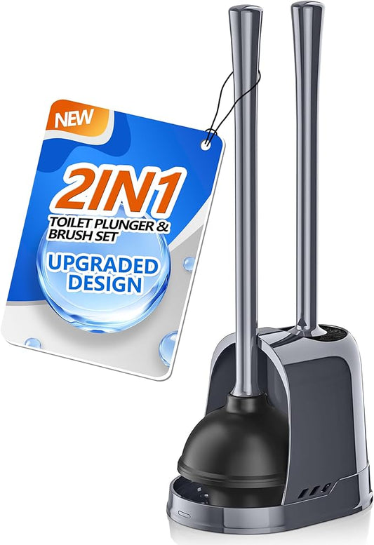 Toilet Plunger and Brush, Bowl Brush and Heavy Duty Toilet Plunger Set with Ventilated Holder, 2-in-1 Toilet Brush and Plunger Combo for 5.3-inch Toilet Drain Bathroom Cleaning (Gray, 1 Set)