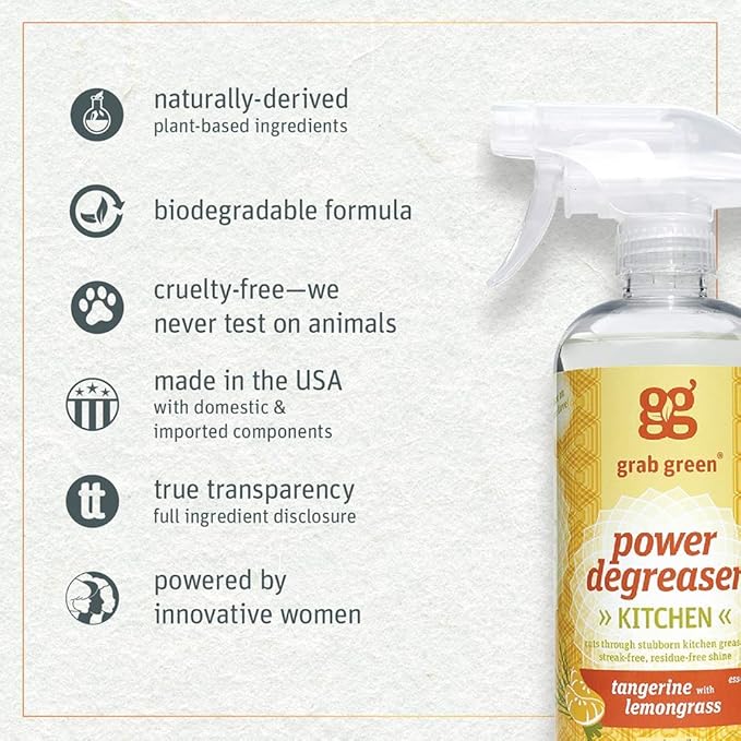 Grab Green Kitchen Power Degreaser, 16 Ounce (Pack of 3), Tangerine Lemongrass Scent, Biodegradable, Plant and Mineral Based, Cuts Through Tough Grease and Grime
