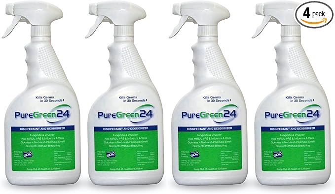PureGreen24 Safe & Effective Disinfectant. Kills Deadly Germs including RSV Norovirus MRSA Staph 2025 flu Bird Flu Contains No Toxic Chemicals Odorless Child & Pet Safe (4) 32oz Spray Bottles