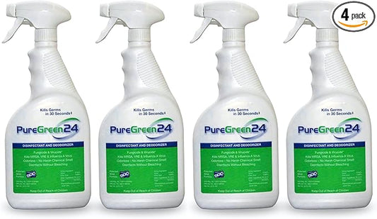 PureGreen24 Safe & Effective Disinfectant. Kills Deadly Germs including RSV Norovirus MRSA Staph 2025 flu Bird Flu Contains No Toxic Chemicals Odorless Child & Pet Safe (4) 32oz Spray Bottles