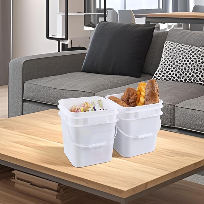 4 Pcs 3 Gallon Square Bucket, White All Purpose Pails and Lids, Heavy Duty Buckets Container for Home Household Cleaning