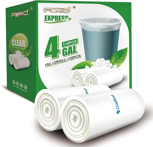 FORID Clear Small Trash Bags, 4 Gallon Garbage Bags, Wastebasket Bin Liners 110 Count Plastic Trash Bags for Bathroom Bedroom Office Trash Can 15 Liters - Durable & Thick Trash Bag