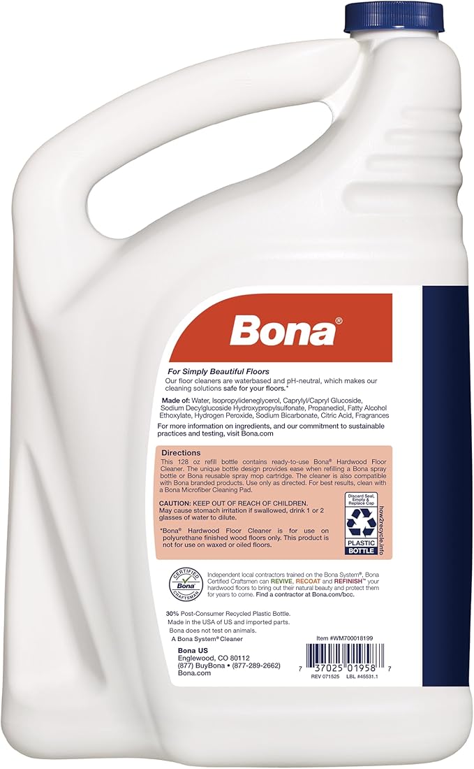 Bona Hardwood Floor Cleaner Refill - 128 fl oz - Cedar Wood Scent - Residue-Free Floor Cleaning Solution Spray Mop and Spray Bottle Refill - For Wood Floors