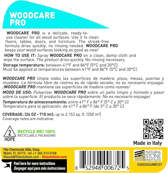 FILA Surface Care Solutions WOODCARE PRO Surfaces, Suitable Floor Spray, Furniture Cleaner, Dries Fast, Does not Damage Wood Kitchen, No Color, 24 Fl Oz