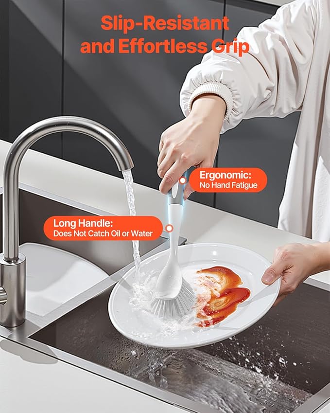 VEVOR Dish Brush, 4 Pack Kitchen Scrub Brushes with PP Handle, Dish Cleaning Brushes with Curved Bristles, Ideal for Pots, Pans, Sink and Stove, 2 Gray + 2 Orange