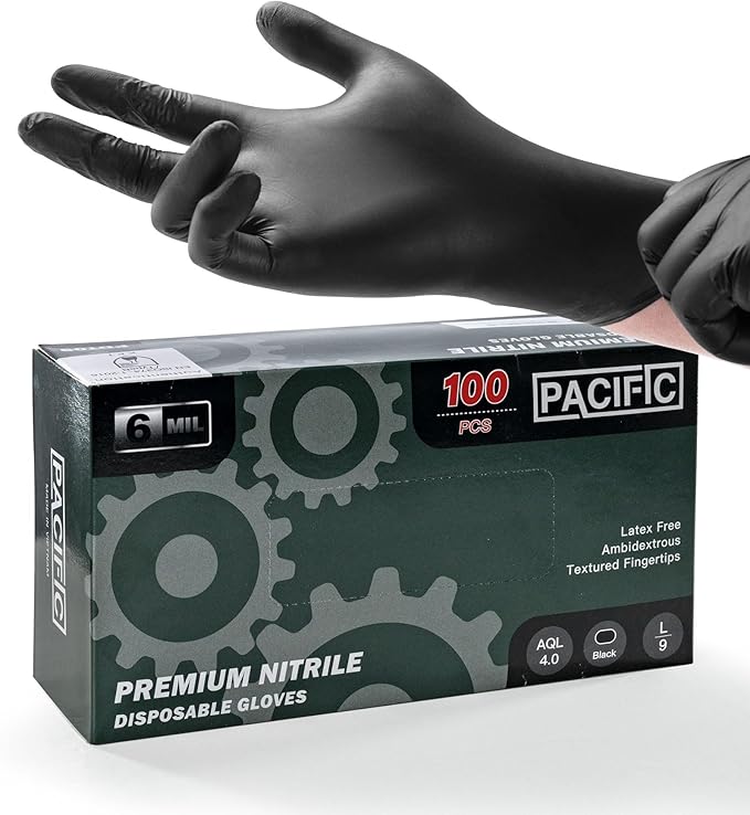 PACIFIC PPE Black Nitrile Disposable Gloves, 6 Mil, Food-Safe, Cooking & Cleaning, Powder-Free, Heavy-Duty, Textured Fingertips, 100 Count, Large