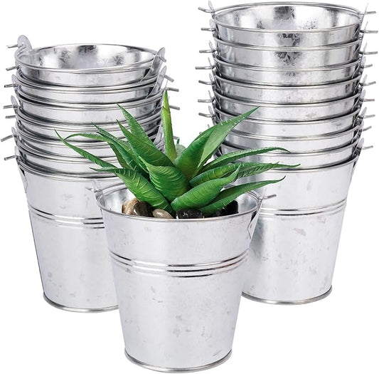 18 Pack 4" Mini Metal Bucket, Elegant Galvanized Buckets with Handles, Tin Buckets, Small Iron Bucket, Mini Metal Pail for Party Favors, Crafts, Garden & Beach
