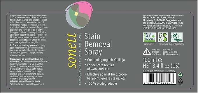 Sonett Organic Stain Removers Spray for clothes effective against fruit, Cocoa, Ballpoint, Grease stains for delicate textiles of Wool 3.4 fl.oz (Pack of 1)