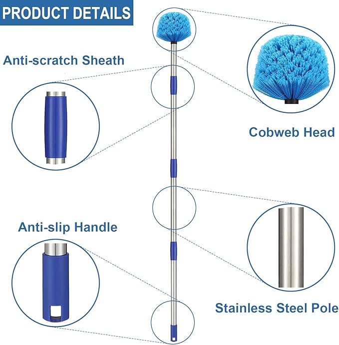 Cobweb Duster with Pole, 4ft Stainless Steel Pole Cobweb Brush with Medium-Stiff Bristles for Walls Beams Shelves Iight Fixtures and Window Screens