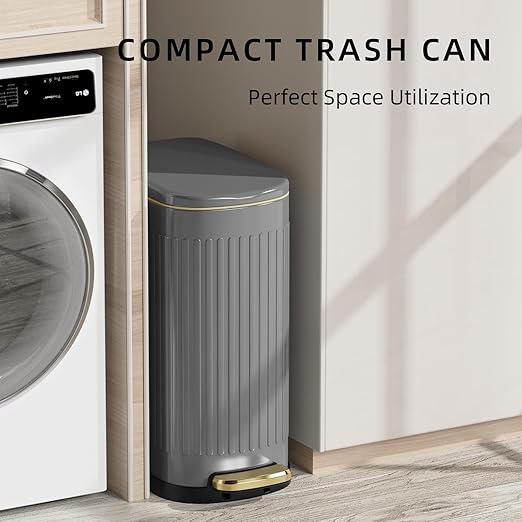 KUK Slim Bathroom Trash Can with Lid, 2.6 Gallon (10 L) Stainless Steel Step Small Garbage Can with Removable Inner Bucket, Soft Close, Anti-Fingerprint Finish (Gray)