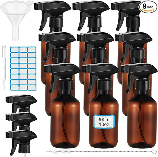 9 Pack 10oz/300ml Plastic Spray Bottle Bulk for Plant Small Spray Bottle Fine Mist Water Sprayer Upgraded Adjustable Nozzle Refillable Empty Containers for Cleaning, Hair, Cooking(Amber)