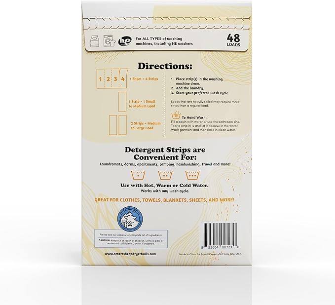 Smart Sheep - Laundry Strips - Laundry Detergent Strips - Detergent Strips for Sensitive Skin - Convenient Eco Friendly & Plastic Free - Perfect for Travel & Camping (48 Count (Pack of 1), Citrus)