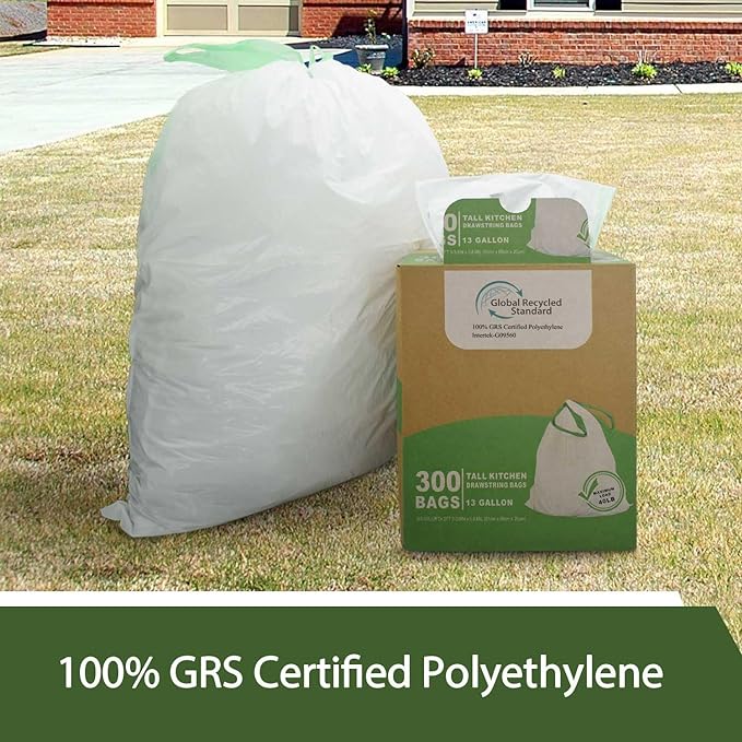 TYPLASTICS 300 Count 13 Gallon Tall Kitchen Drawstring Trash Bags, GRS Compliant, Eco-Friendly Recycled Material