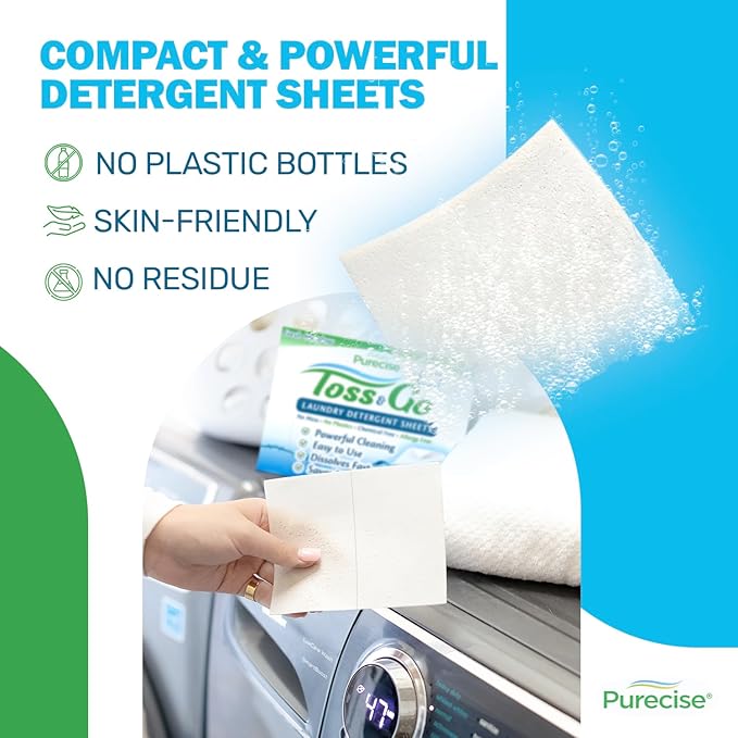 Purecise - Toss & Go - Fresh Meadow Laundry Detergent Sheets - Powerful Clean, No Mess, Fast-Dissolving, No Residue - 240 Loads - 30ct Pack of 4