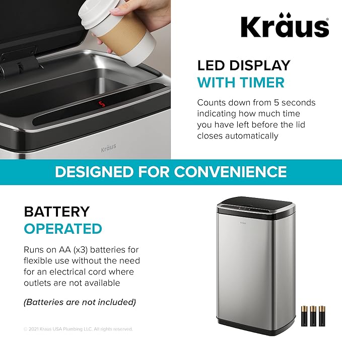 Kraus GarbagePro Rectangular 13 Gallon Hands-Free Motion Sensor Trash Can Battery Operated in Matte Black Finish with SoftShut Touchless Lid, KTCS-10MB