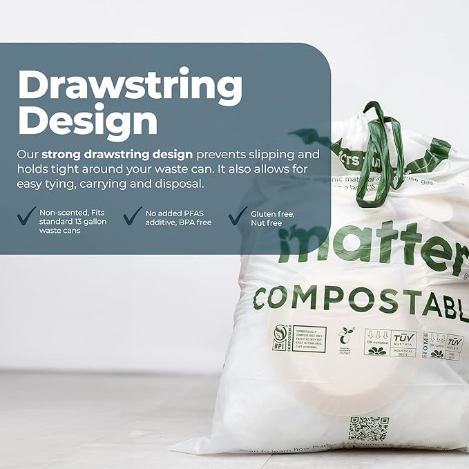 Matter Compostable 13 Gallon Tall Kitchen Trash Bags with Drawstring, Eco-Friendly, Unscented, Durable, Leak-Resistant, 60 Count